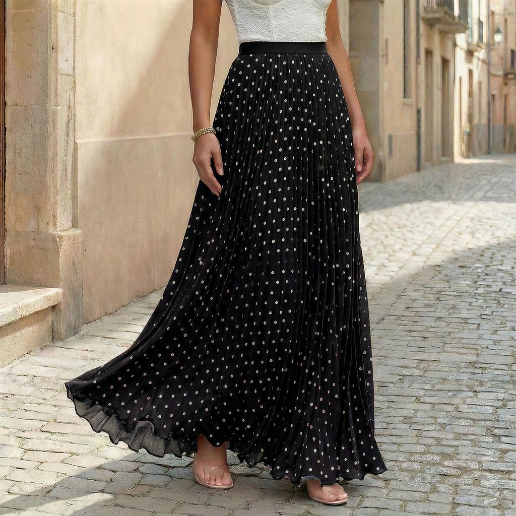 Women Vintage Polka Dot Print Pleated Maxi Skirt Holiday Style High Waist Flowy A Line Skirt for Casual and Everyday Wear