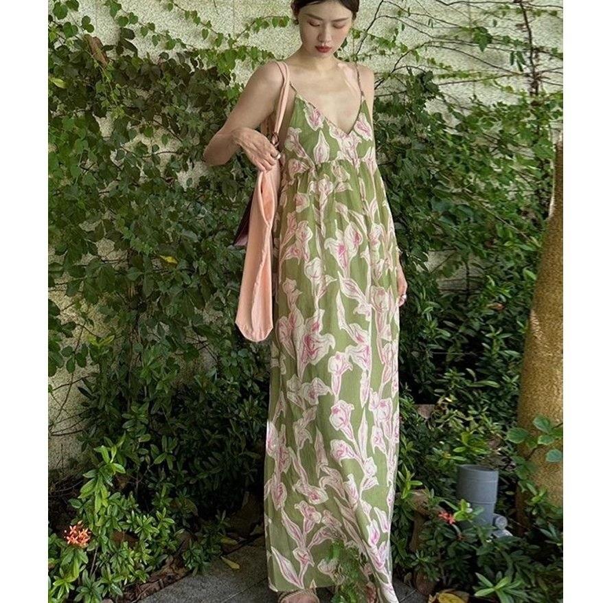 Holiday Beautiful Small Skirt Seaside Fashion Printing Halter Strap Dress Design Sense High Waist Long Dress