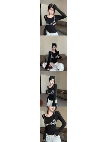 Elegant Sequin Long-Sleeve T-Shirt for Women - Chic Korean-Style Winter Top