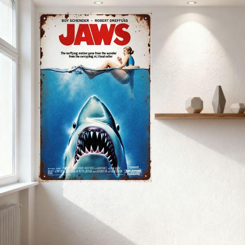 Jaws Vintage Metal Tin Sign Classic Horror Movie Poster Rusty Texture Wall Decor for Home Man Cave Bar Club Cafe