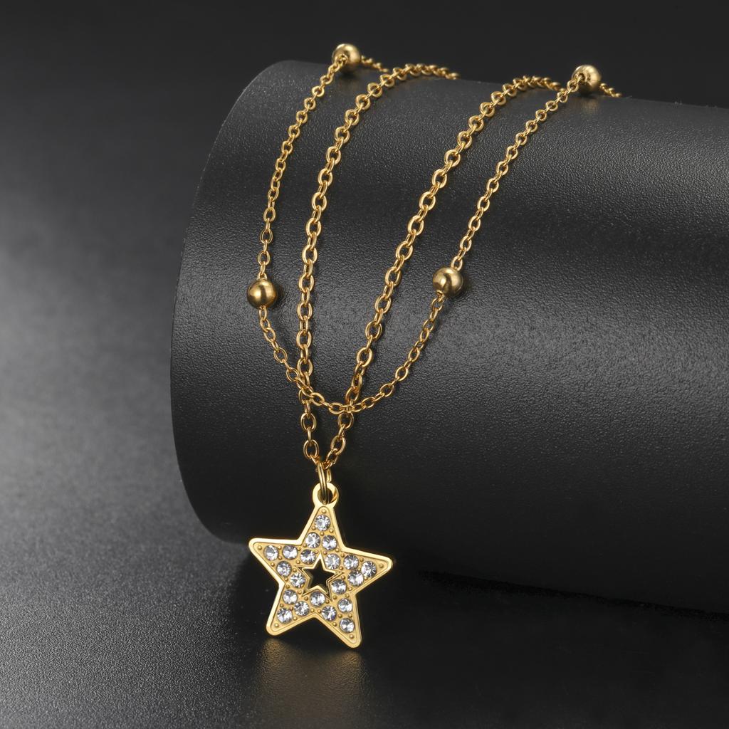 Trendy Clear Zircon Star Pendant Necklaces for Women Stainless Steel Double Chains Necklace Jewelry 2026 Mother's Gift New