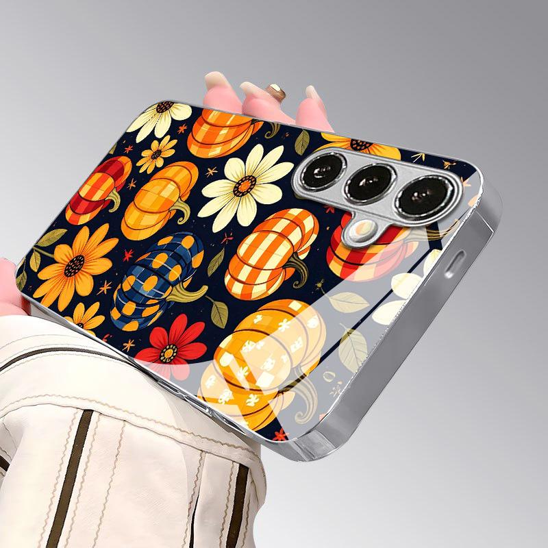 Pumpkin Floral Pattern 2D Phone Case for Samsung S26 S25 S24 S23 S22 S21 S20 A56 A36 A16 - Electroplated Glass Protective Cover