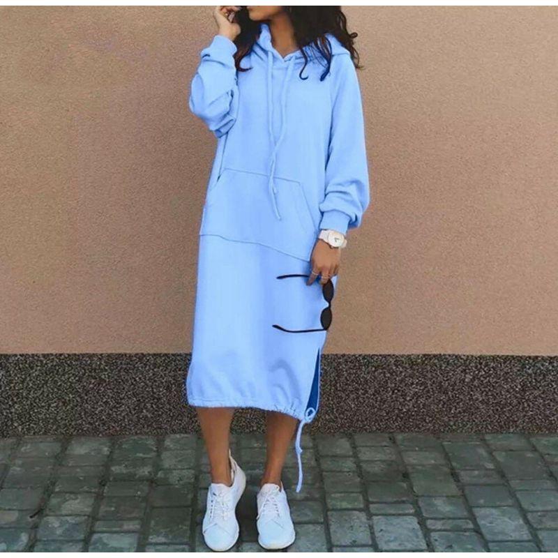 

2024 Autumn Europe American Style Plus Size Long Sweater Women s Hooded Pocket Pure Color Drawstring Dress Hoodie Dress Sky Blue XXXL