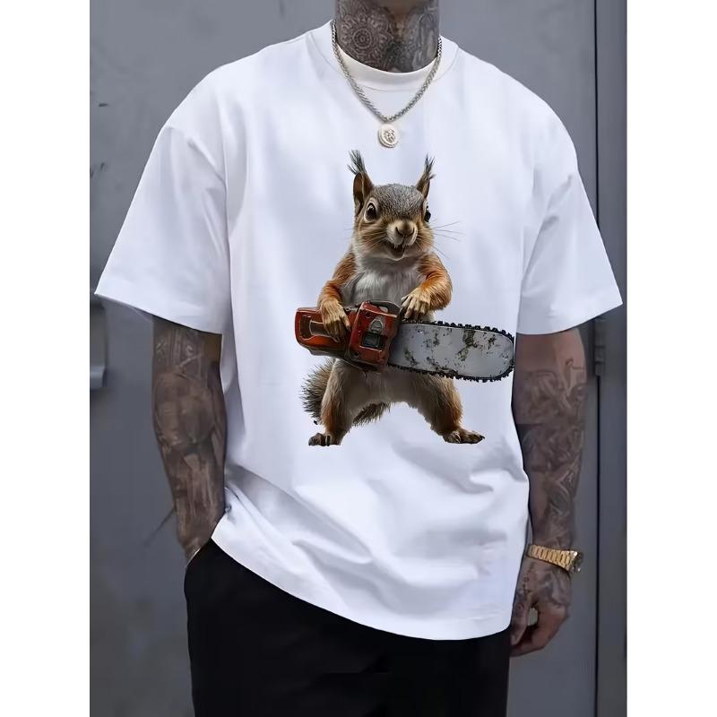 

European Size Men s Squirrel Print T-Shirt Compatible for Concerts, Gym & Casual Wear - Breathable Short Sleeve Round Neck Shirt with Bold Squirrel XL белый
