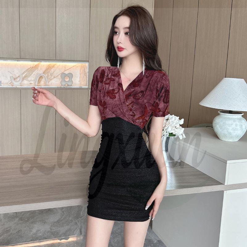 Color-Block V-Neck Slimming Ice Silk Dress Small