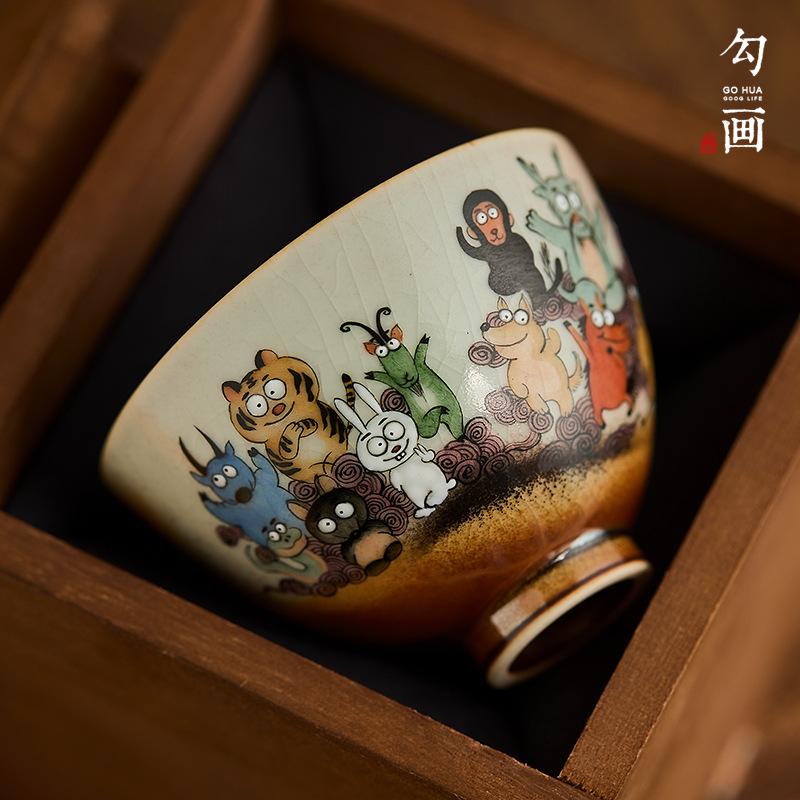 

Painted Chinese zodiac tea cup chicken heart ceramic master cups,Creative retro personal hand-painted single hand-pressing cups 100ml