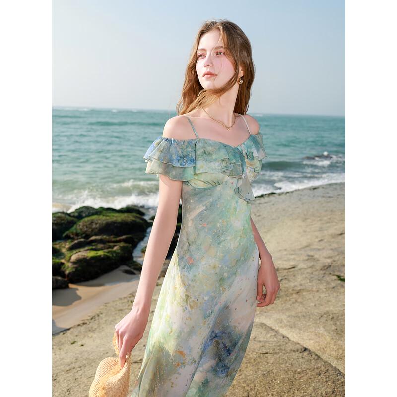Sancai 2025 Spring Floral Ruffle Convertible Off-Shoulder Maxi Dress
