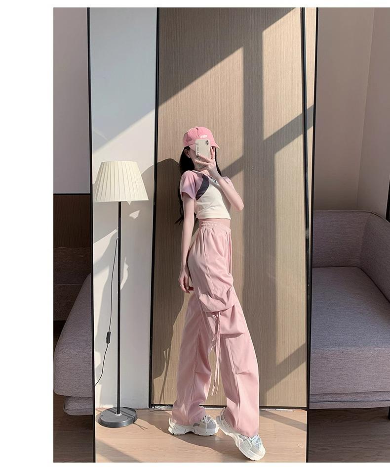 Women's Petite High-Waist Pink Cargo Sweatpants - Summer 2024 Wide-Leg Parachute Style