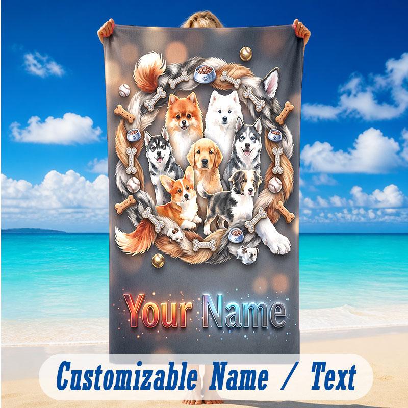 Dog Theme Beach Towel Personalized Custom Name & Text Soft Quick Dry Beach Towel for Swimming Travel