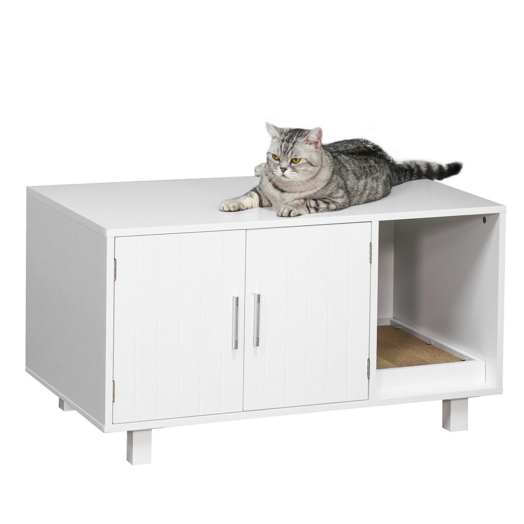 Wooden Cat Litter Box Cabinet with 2 Doors and Side Opening with Scratching Post, White
