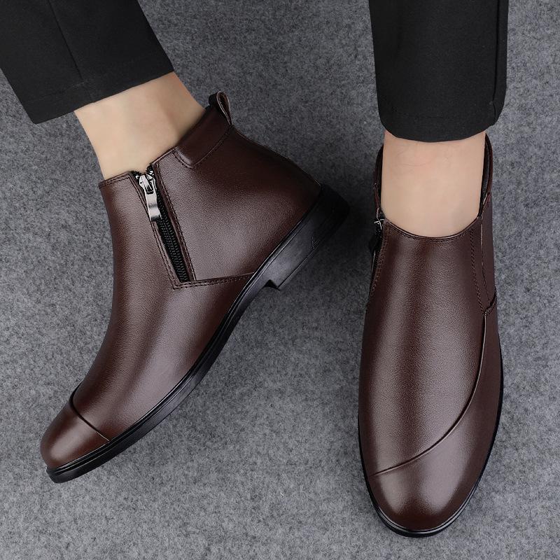 Autumn and winter men's shoes round head casual shoes business leather shoes men's first layer cowhide foot cover winter velvet snow boots men