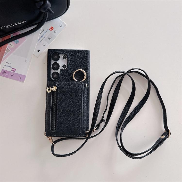 Applicable To Samsung S25Ultra Mobile Phone Case, Lychee Pattern Zipper Bag S25FE Messenger Card S24plus Protective Case