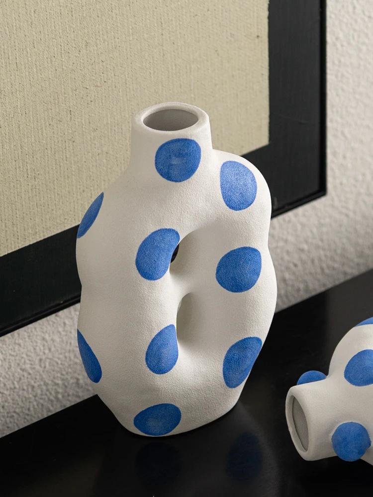 Matte Ceramic Vase Blue Hand Painted Floral Decoration Flower Arrangement Living Room Dining Countertop Vase Ceramic Handicrafts