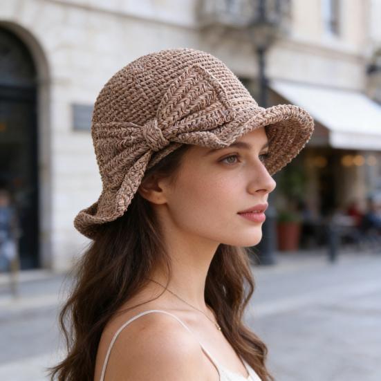 Straw Hat Bowknot Decor Wide Brim Foldable Summer Hat Sun Protection Lightweight Outdoor Travel Sun Hat Sunshade Accessory
