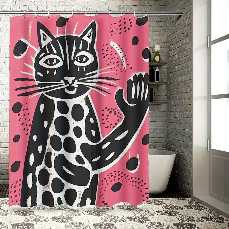 Black And White Cat Shower Curtain Modern Bathroom Decor With Eye-Catching Animal Print Design For Home Decoration Pink Backgrou