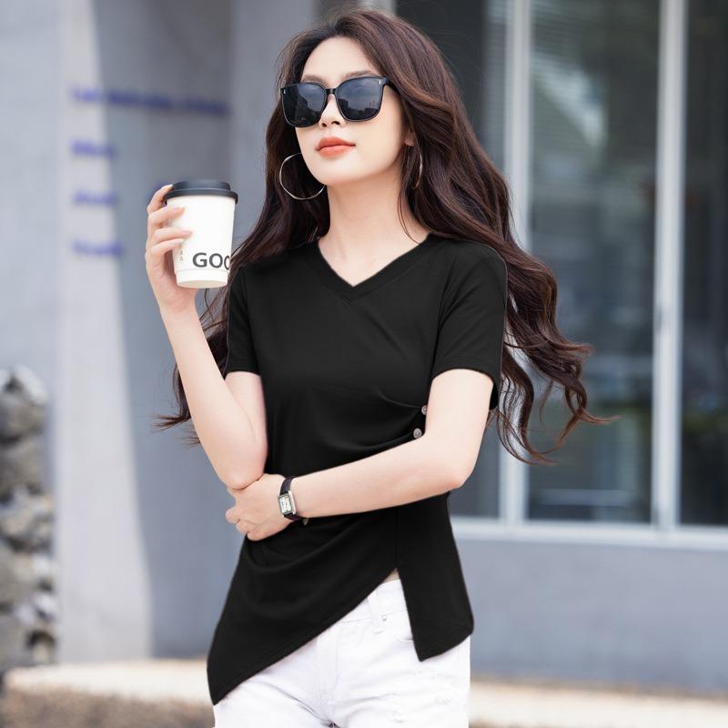 Women's Summer V-neck Fashion Short-sleeved Split T-shirt Irregular Temperament Thin Pleated Blouse Tops