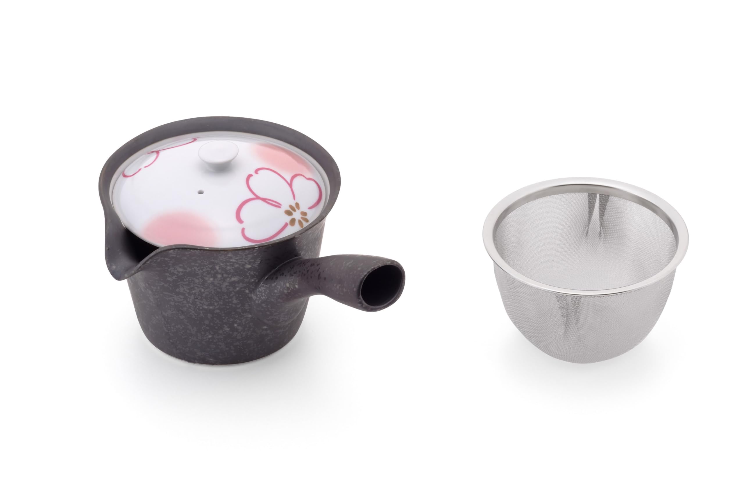 

Itsumi Pottery Teapot, Green Tea, Floral Design, Cute Black, Tea Shop Style, Black Glazed Cherry Blossom Teapot (with Basket)