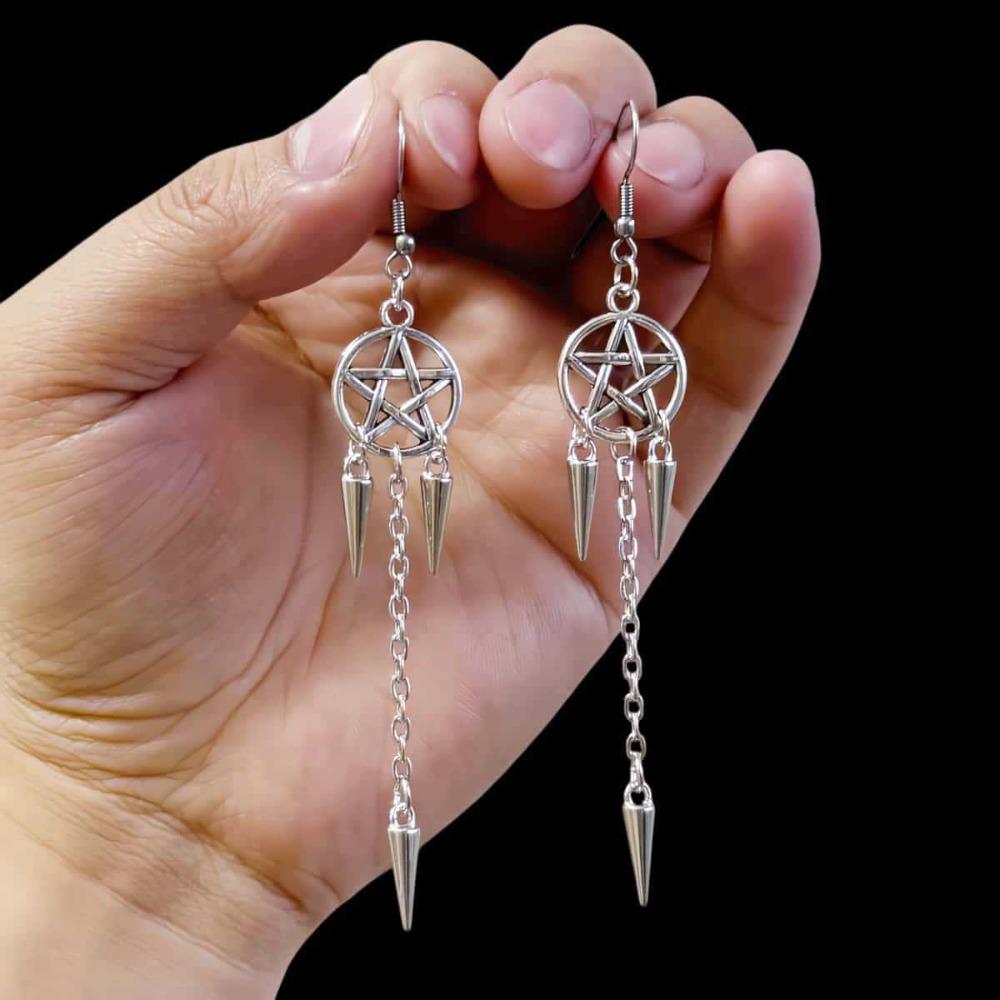 Gothic Punk Silver Color Hollow Out Pentagram Spike Tassel Chain Long Dangle Earrings for Women Halloween Witch Pagan Jewelry