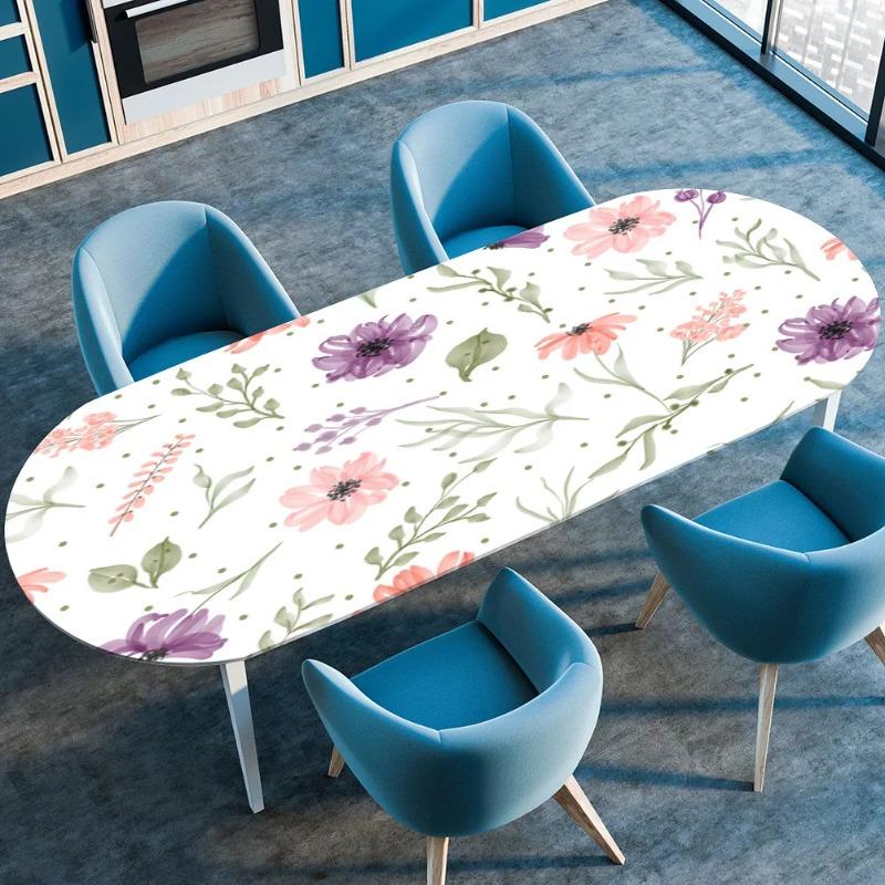 Elastic Stretch Waterproof Tablecloth Oil-Resistant Oval Fitted Table Cover for Kitchen Dining Wedding Party Outdoor Courtyard