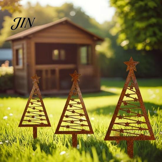 Decorative Ground Stake 3Pcs Rustic Metal Christmas Tree Stake, Weathered Iron Art Xmas Garden Design Sign for Yard Pathway Flower Bed Unique Shape