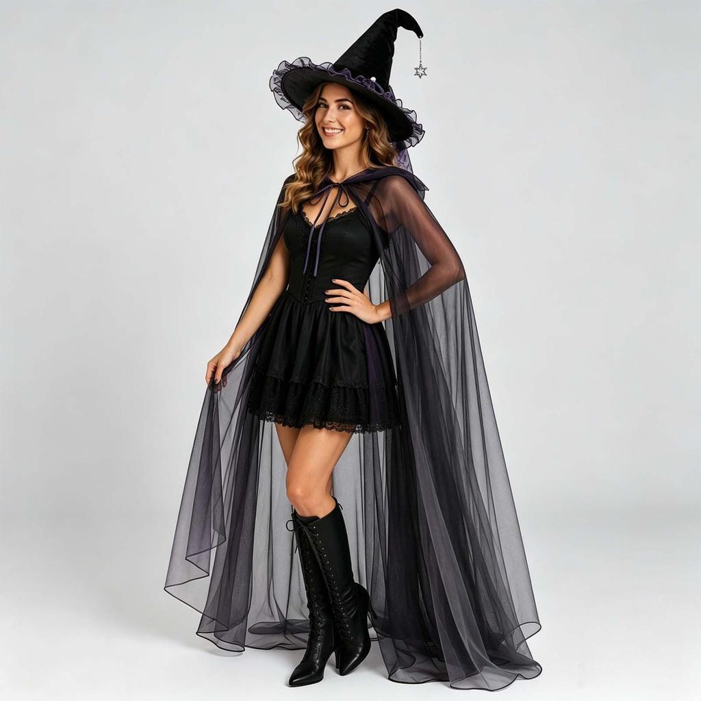 Women's Halloween Witch Hat and Cape Set with Hooded Mesh Cloak for Costume Party