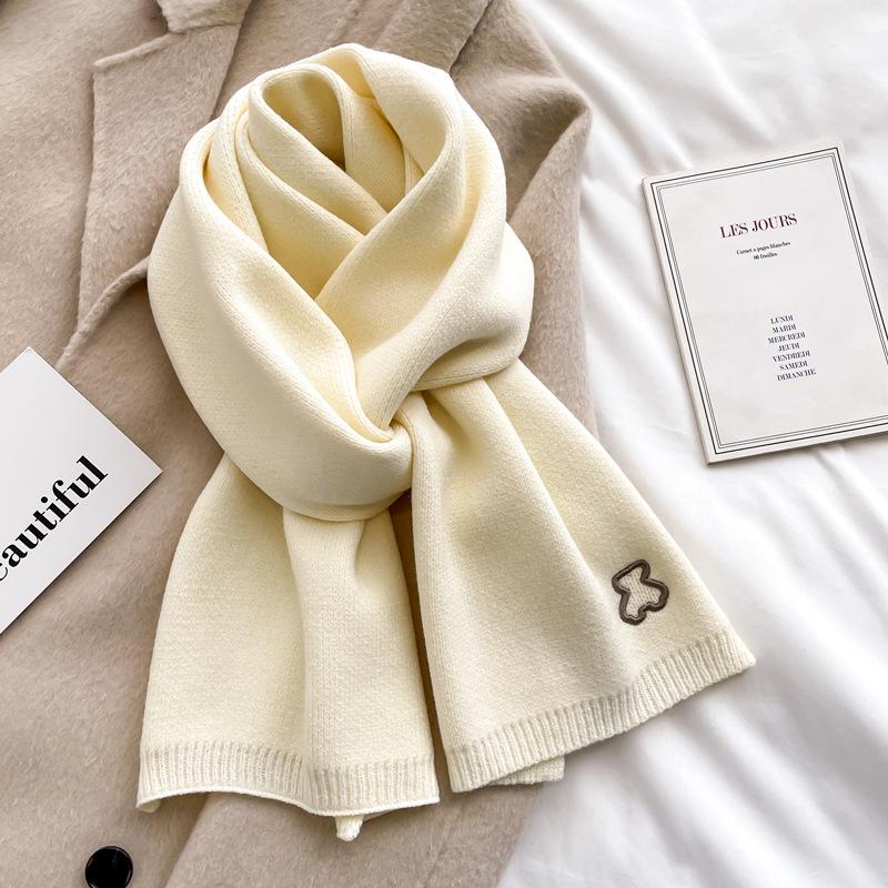 Knitted wool scarf boys and girls winter solid color milky white beige short small scarf neck protection warm soft waxy versatile