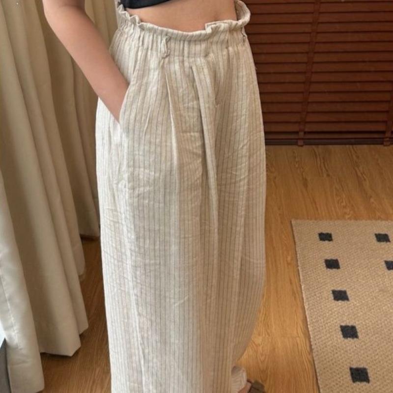 Large American Retro Cotton and Linen Striped Casual Pants for Women In Summer High Waisted Relaxed Straight Leg Floor Length Wide Leg Pants