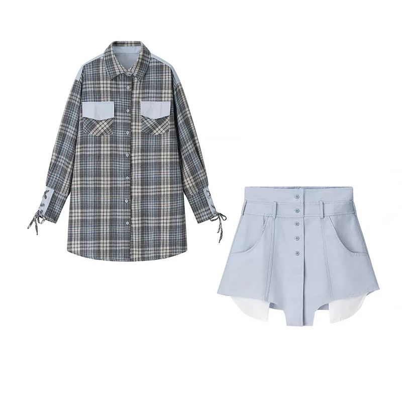 

Zbzr Весна Новая Женская одежда Западный стиль Французский стиль Мода Темперамент Простые Клетчатые Рубашки Юбка Костюм-двойка Suit L