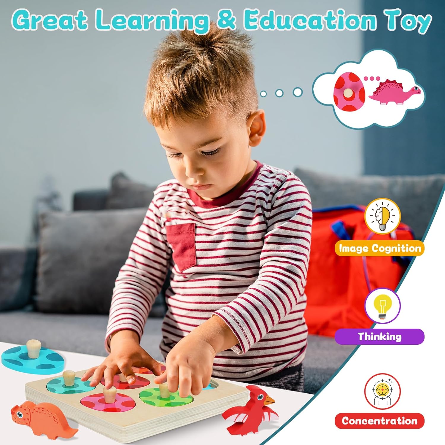 Wooden Puzzles for Toddlers 1-3,Infant Puzzle,Dinosaur Matching Egg Puzzle,Montessori Toys, Learning Color Sorting Shape Puzzles,Boy Girl Baby Easter