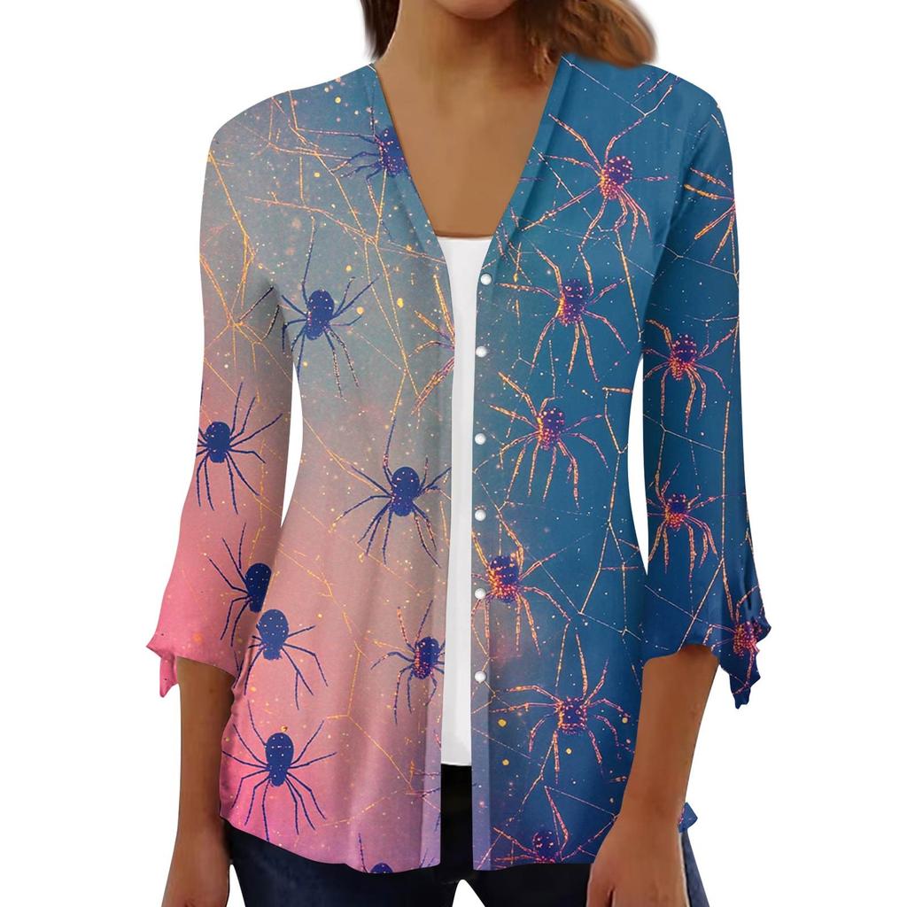 Damen Locker Lässig Bedruckt Siebenärmel Knopfleiste Hemd Strickjacke Top