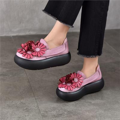 Vintage Large Flower Thick Soled Slip-on Shoes Genuine Leather Women's Flat Platform Shoes