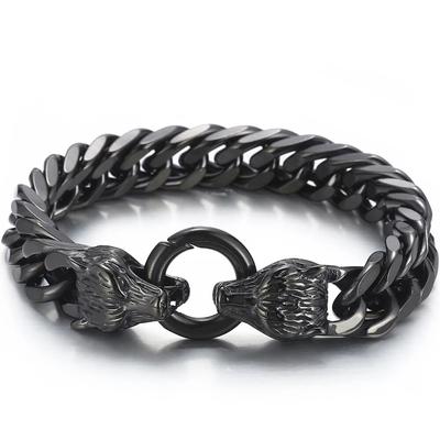 Norse Viking Wolf Bracelet for Men Black Gold Plated Stainless Steel 12MM Curb Link Chain Men's Bracelets Nordic Jewelry Punk