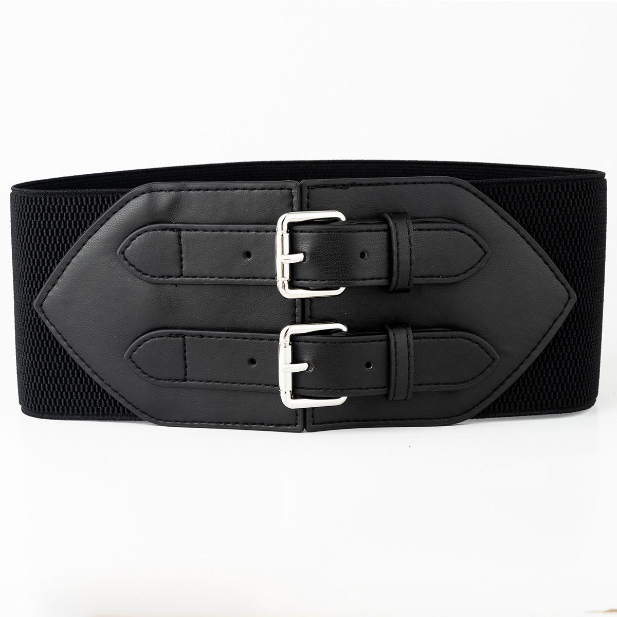 

Premium Women s Double-Buckle Black Extra-Wide Waist Belt for Dresses and Coats - Perfect Summer Elastic Cinch. чёрный
