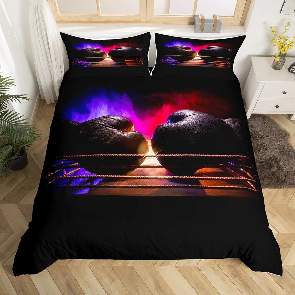 Boxing Sport Duvet Cover King Queen Golden Boxing Gloves Bedding Set Yellow Fire Print Comforter Cover Microfiber Quilt Cover