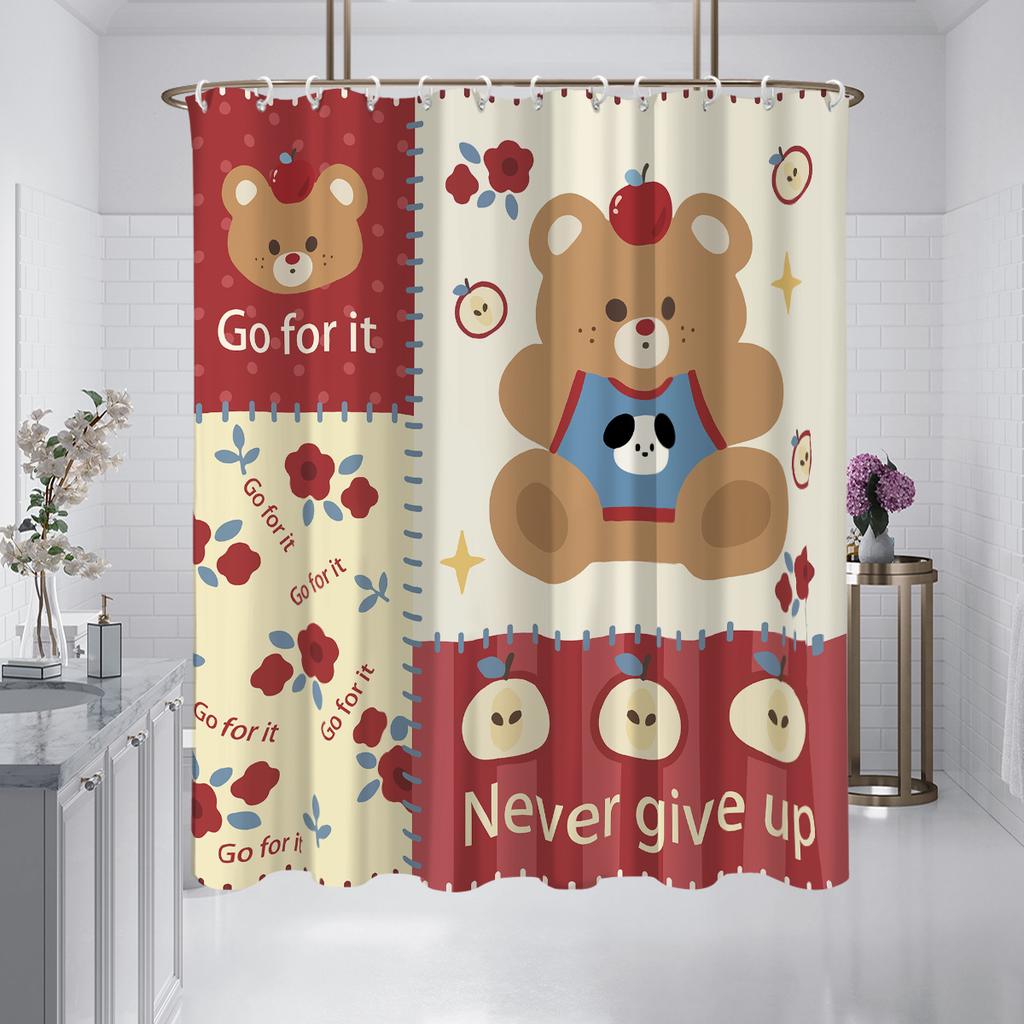 1Pc Cute Bear Printed Waterproof Shower Bathe Partition Privacy Hanging Curtain With 12 Hooks Multiple Size  Machine Washable