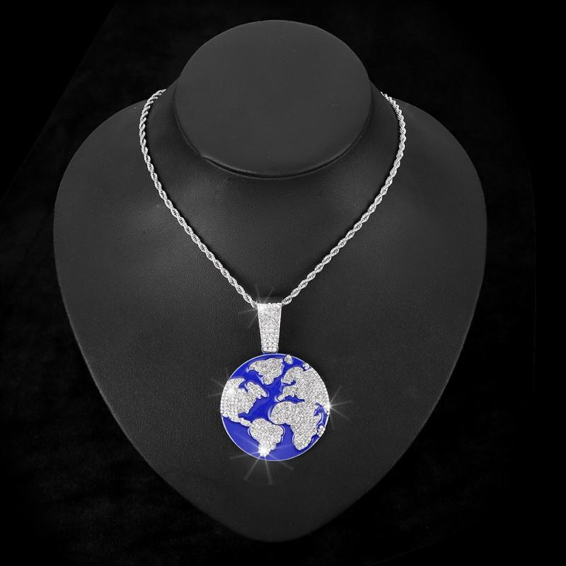 Collana in Lega con Ciondolo Hip Hop Terra Completamente Intarsiato di Strass Catena Cubana da Uomo Stile a Strati