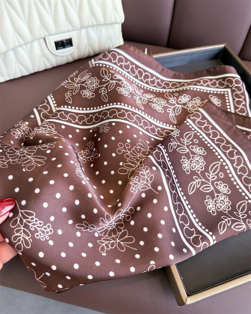 70cm Polka Dot Floral Printed Scarf Women's Autumn and Winter Soft Satin Scarf Fashionable Warm Shawl Neck Protection