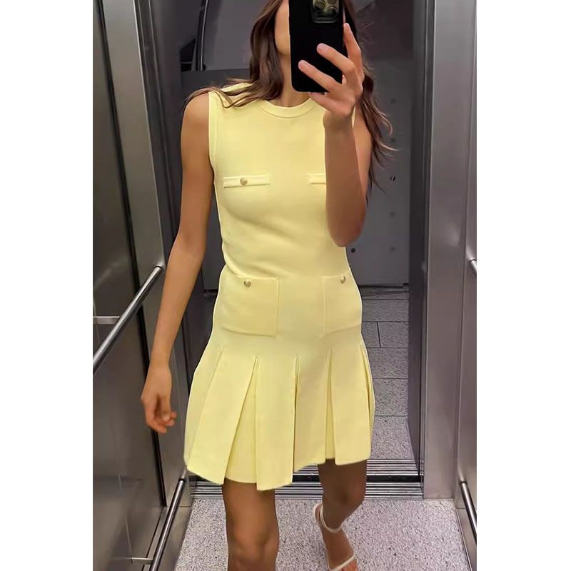 Summer New Product Women's Clothes American Pleated Decorative Sleeveless round Neck Knitting Mini Short Dress 3859025