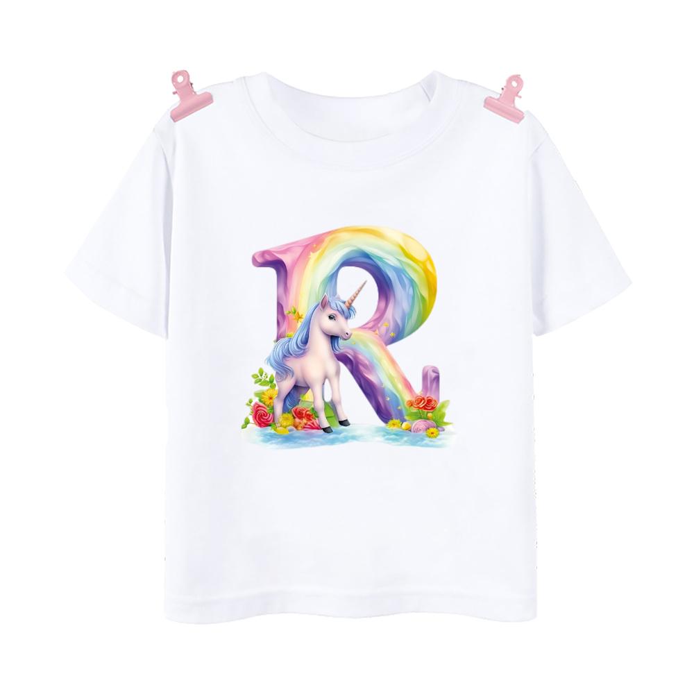 Unicorn Rainbow Initial A-Z Printed Kids Shirt Child Summer T-shirt Boys Girls Short Sleeve Tops Clothes Cute Toddles Outfit Tee