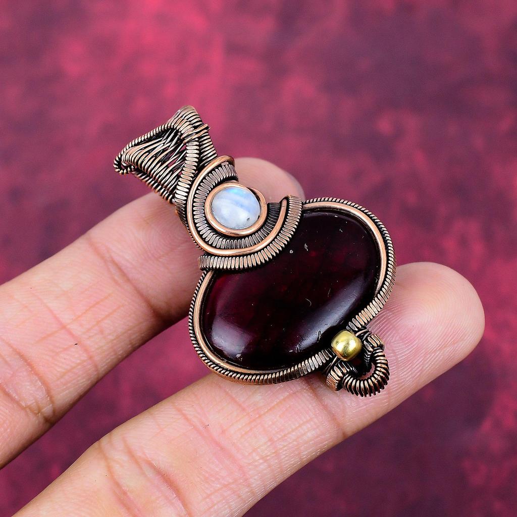 Red Fire Labradorite Pendant Rainbow Moonstone Copper Wire Wrapped Pendant