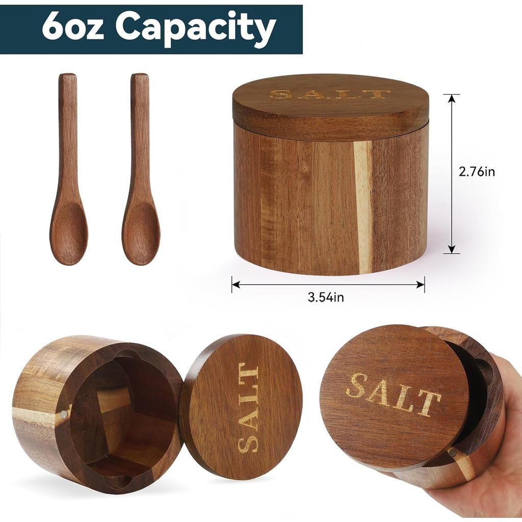 Bamboo Salt Cellar, 2 PCS Salt Container with Built-in Spoon, Salt Box Bowl with Magnetic Swivel Lid, Elegant Kitchen Salt Holder Saver Jar To Storage