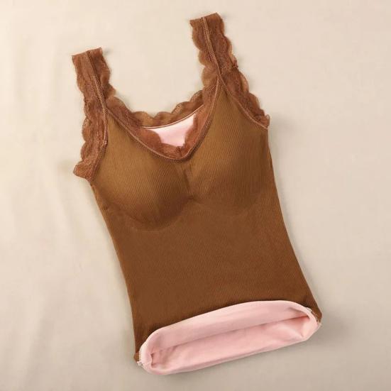 Women's Thermal Tank Top Lace Trim Sleeveless Camisole Shirts Fleece Lined V Neck Warm Base Layer Cami Underwear Tops with Built-in Bra