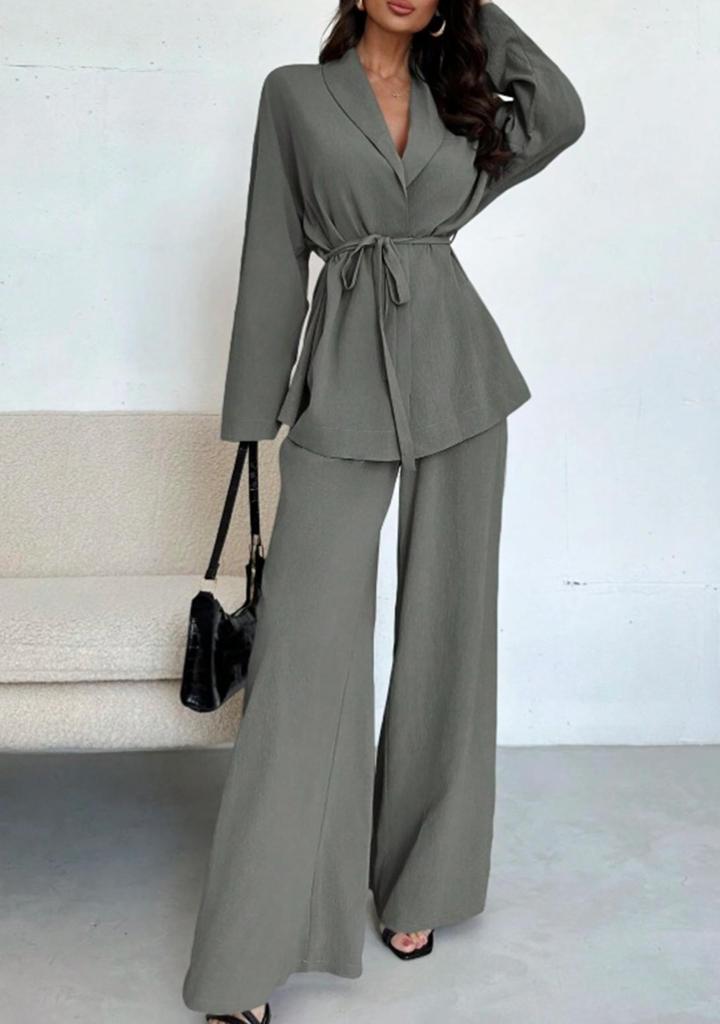 Damen 2-teiliges passendes Set Langarm-Oberteil mit Gürtel Weitbeinige Hose Business Casual Set Outfit