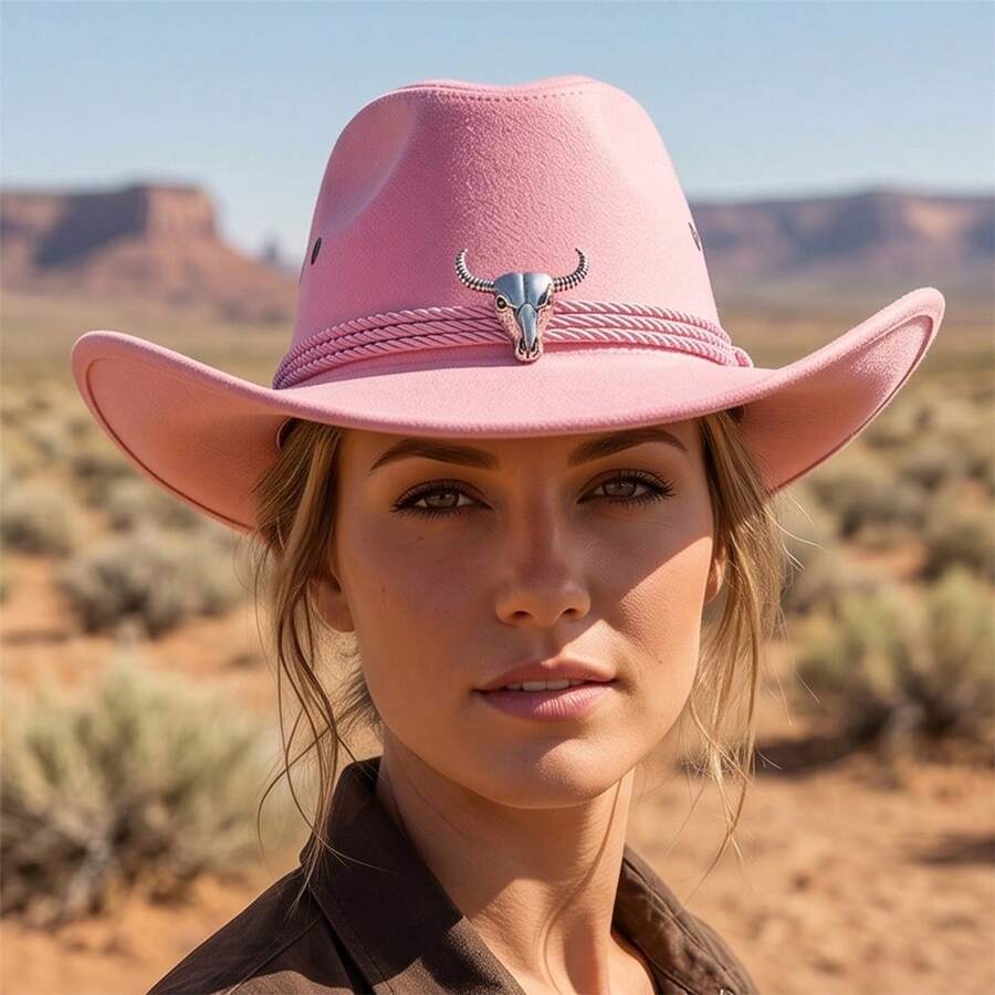 Western Hat With Cow Skull Decor Wide Brim Sun Hat For Outdoor Party