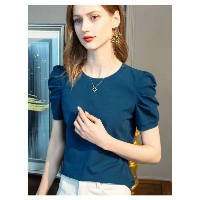 Summer Short Sleeve Tee Women's French Style Bubble Sleeve Top