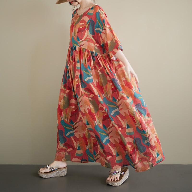 DIMANAF Neu 2026 Sommer Strand Damen Übergröße Vintage Dame Langes Kleid Locker Übergröße Maxi Blumenmuster Baumwolle Sommerkleid