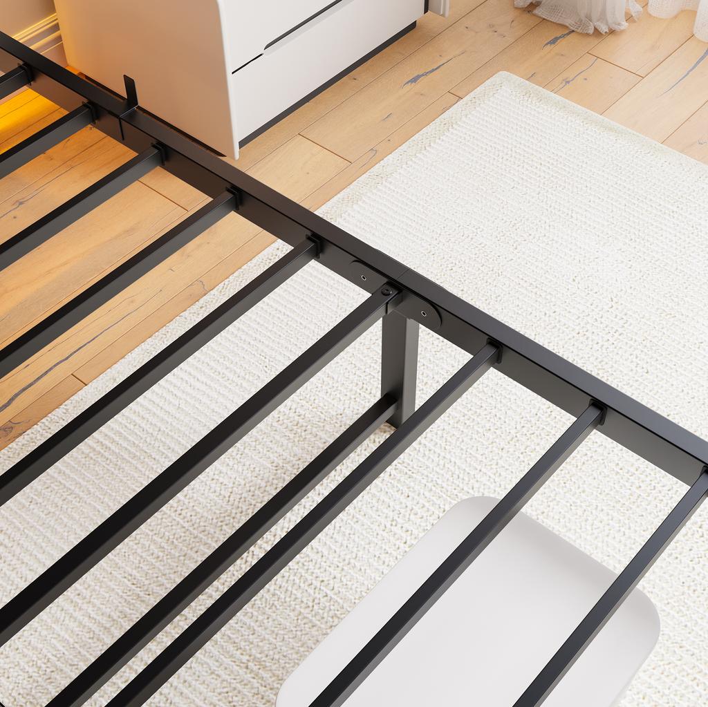140x190 Bed Frame with LED Lighting and USB Charging Station, Metal Bed Frame Without Mattress, with Storage Under the Bed