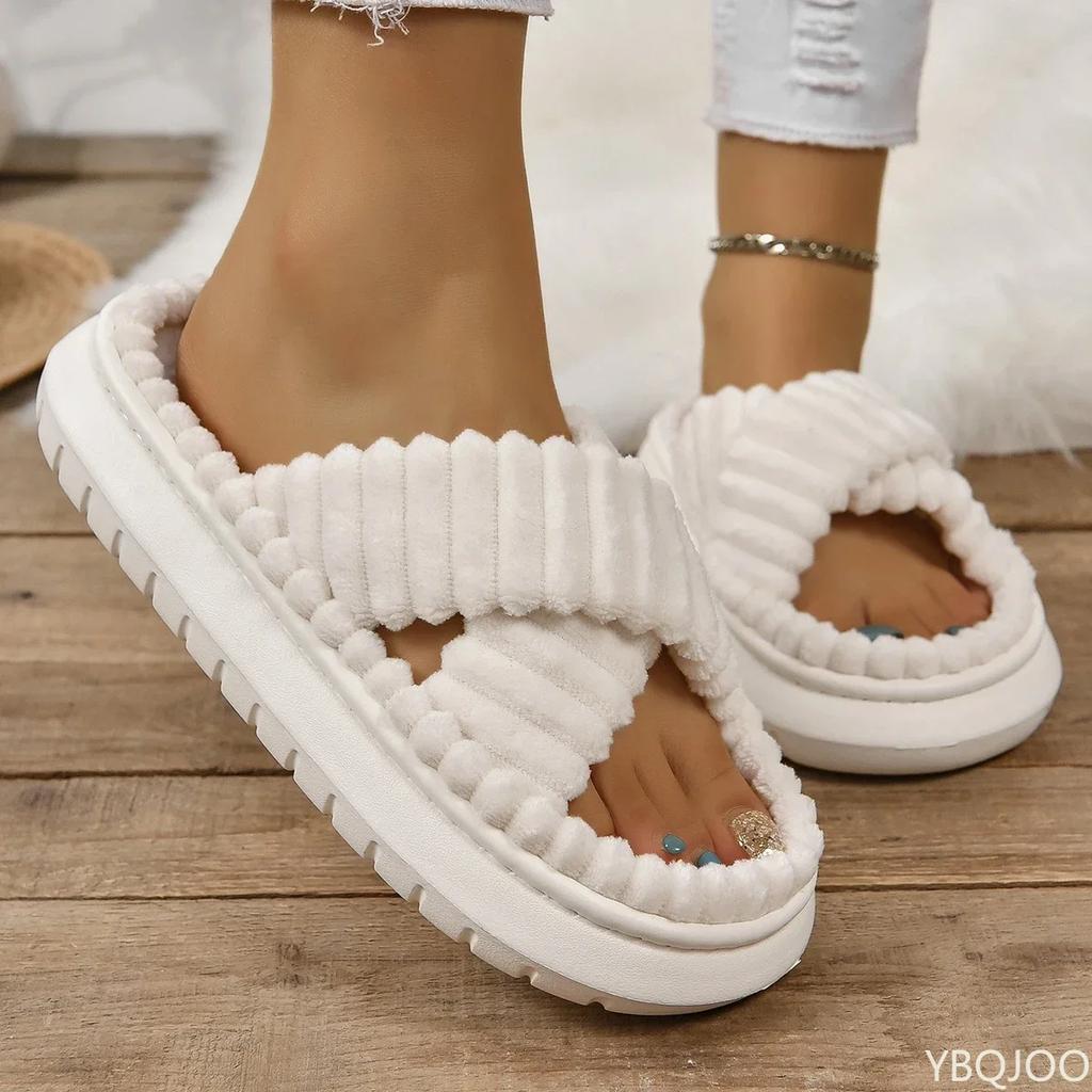Fashion Autumn Winter Corduroy Home Slippers Women Cross Band Thick Soft Sole Slides Platform Shoes Female Non Slip Indoor Slippers
