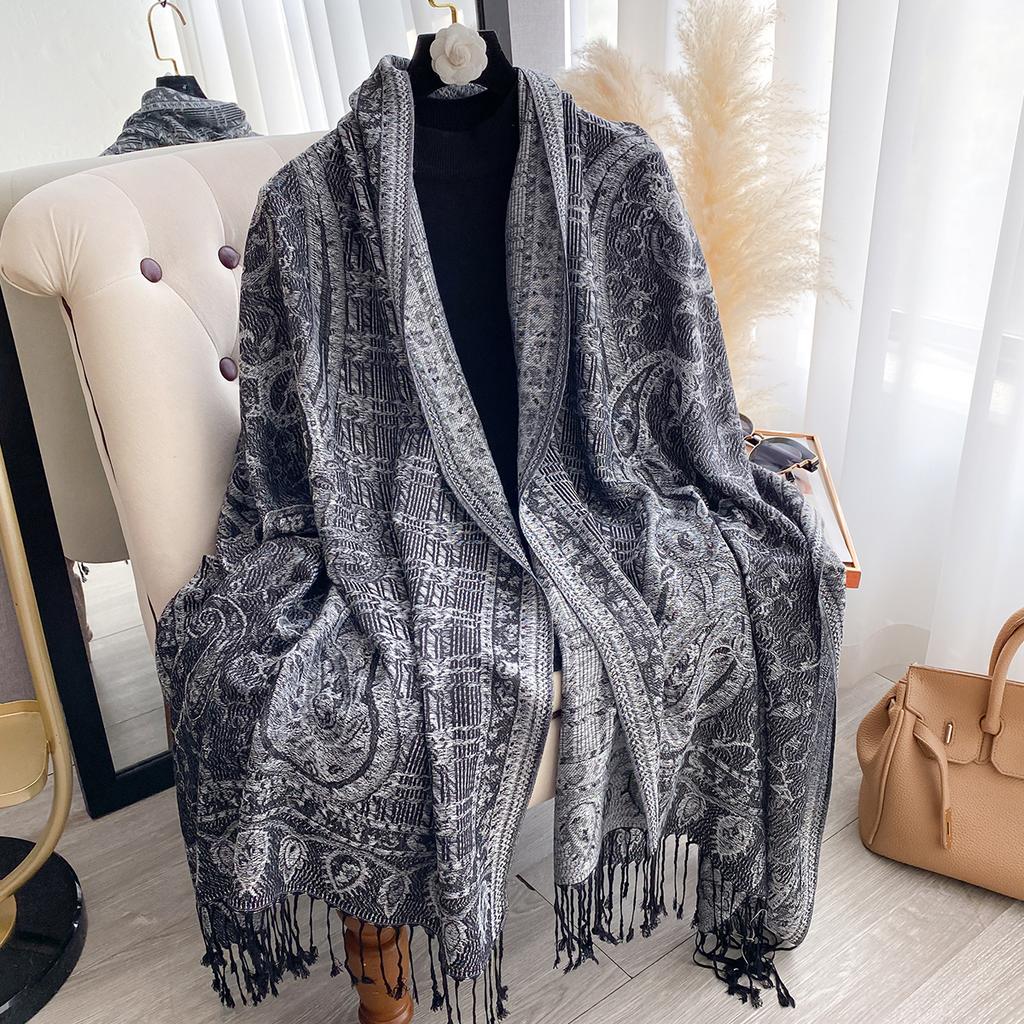 Fashion Women'S Winter Warm Cashmere Shawl - Vintage Floral Oil Painting Printed Tasseled Pashmina Thick Wrap