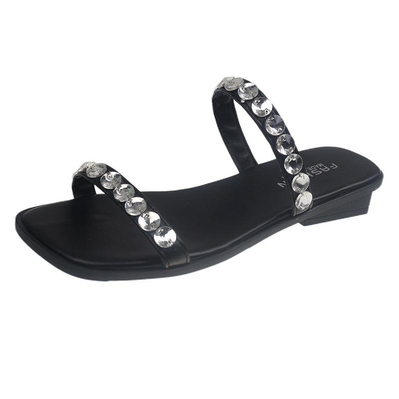 Black premium one-word strap flat-bottomed slippers for women's new summer sandals for women to wear thick-heeled rhinestone slippers